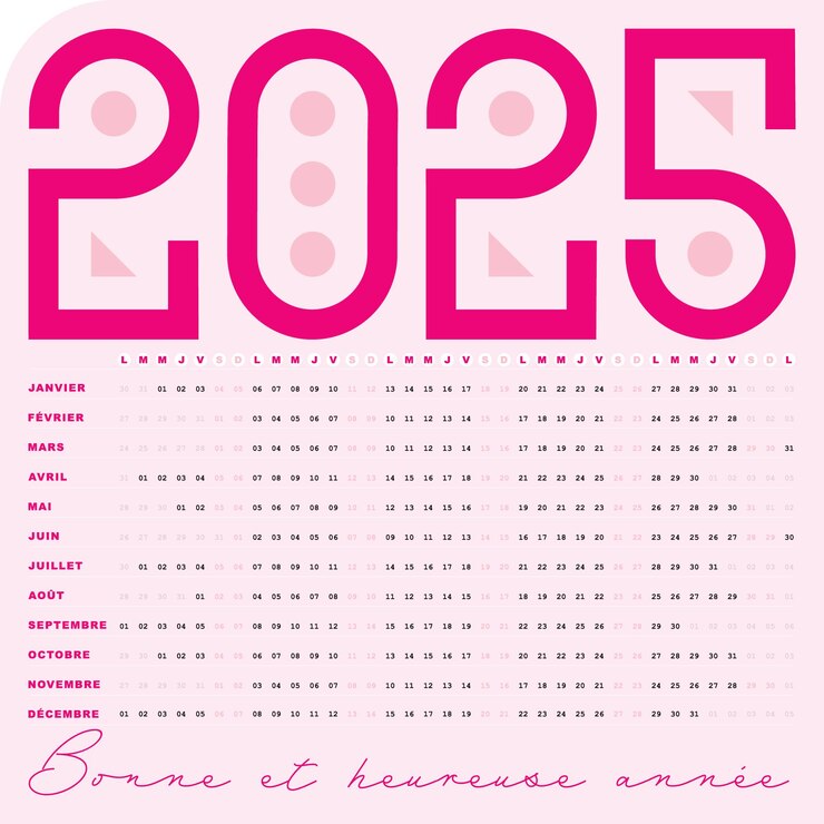 Vecteur calendrier 2025 design modifiable dates uniques françaises horizontale couleur rose