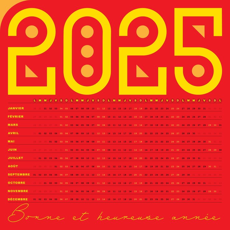 Vecteur calendrier 2025 design modifiable dates uniques françaises horizontale couleur rouge et jaune