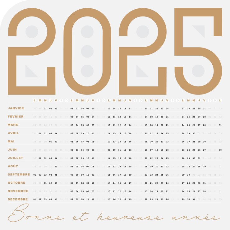 Vecteur calendrier 2025 design modifiable dates uniques francaises horizontale couleur