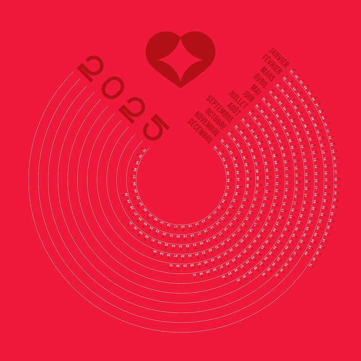 Vecteur calendrier 2025 en français design cratif forme ronde modifiable couleur rouge