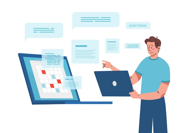 Calendrier d'affaires au concept de planification d'ordinateur portable illustration vectorielle personnage d'homme plat faire la gestion de bureau au plan d'horaire de travail