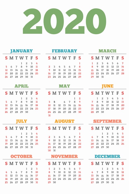 Calendrier de l'année 2020, style plat