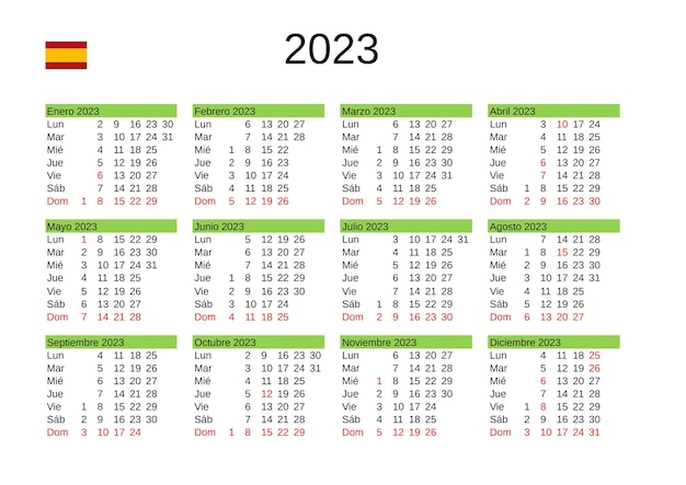 Calendrier de l'année 2023 en espagnol avec les jours fériés en Espagne