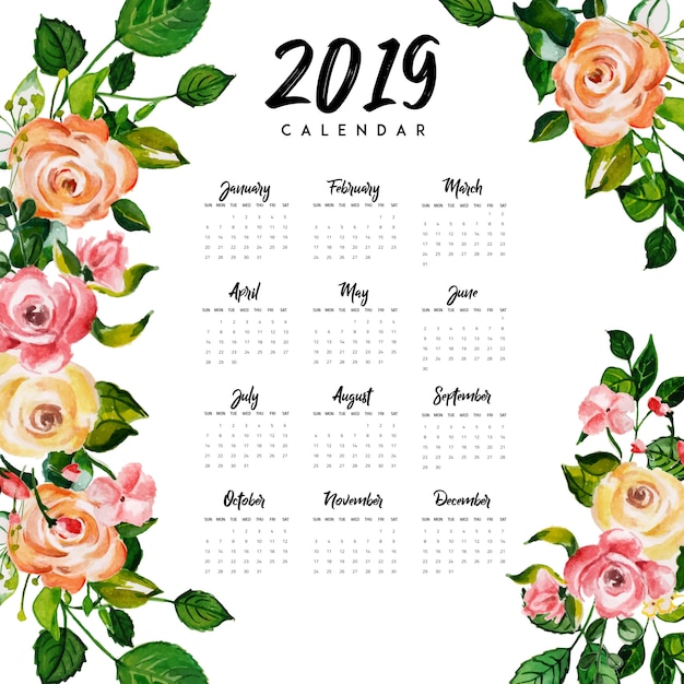 Vecteur calendrier annuel 2019 avec aquarelle floral