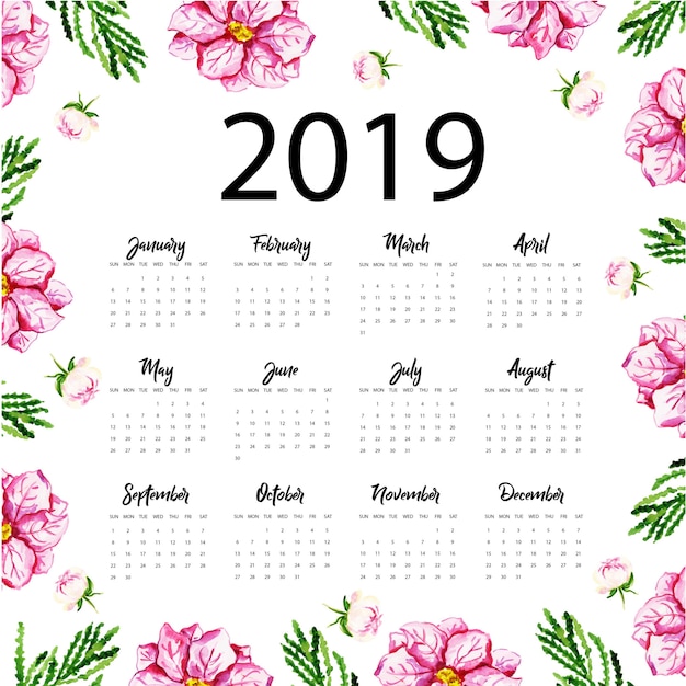 Calendrier Annuel 2019 Avec Aquarelle Florale