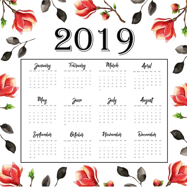 Vecteur calendrier annuel 2019 avec aquarelle florale