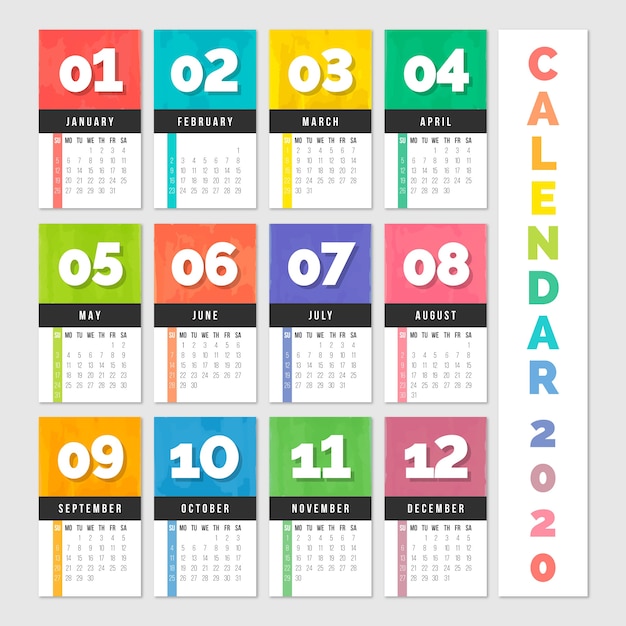 Vecteur calendrier annuel coloré 2020