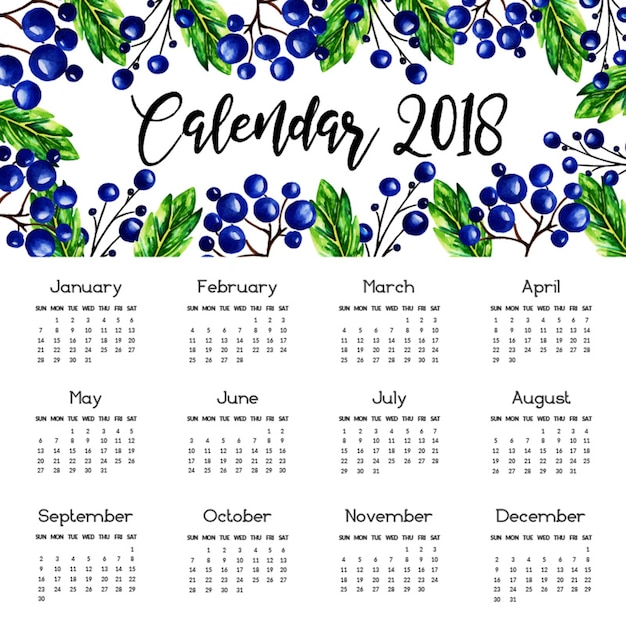 Vecteur calendrier annuel floral aquarelle 2018