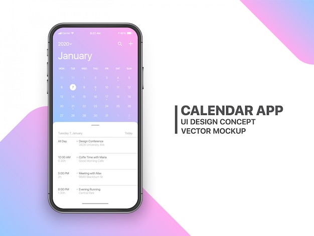 Vecteur calendrier app ui ux concept janvier page