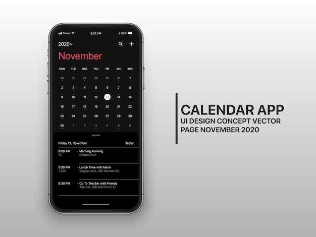 Calendrier App Ui Ux Concept Page Novembre Mode Sombre