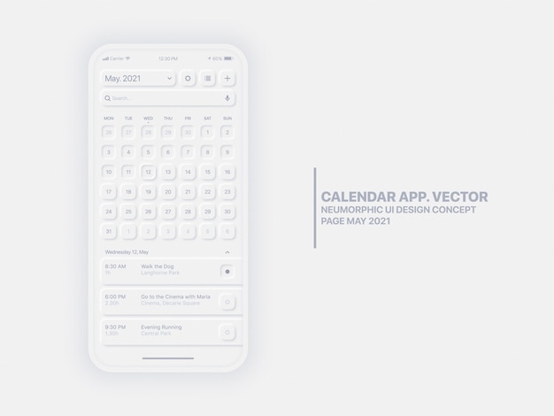 Calendrier Application Mobile Page Mai Année avec Gestionnaire de tâches UX Conceptuel UX Neumorphic