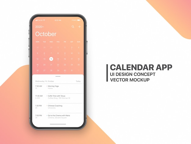 Calendrier de l'application UI UX Concept Page d'octobre