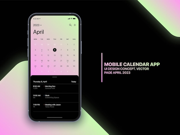 Vecteur calendrier d'applications mobiles 2023 avec liste de tâches et tâches vector ui ux design concept