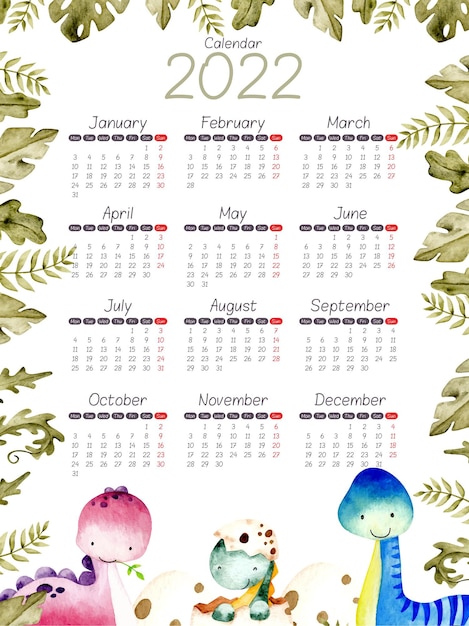 Calendrier Aquarelle 2022 Dinosaure Avec Plante