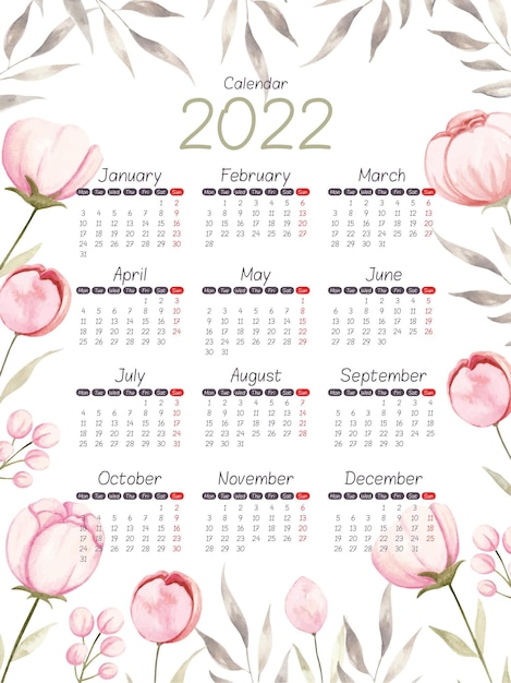 Vecteur calendrier aquarelle 2022 fleur et feuilles