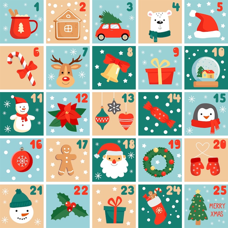 Vecteur calendrier de l'avent de décembre. affiche de noël.