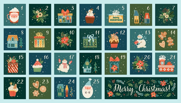 Vecteur calendrier de l'avent de décembre jolies illustrations de noël avec symboles du nouvel an conception vectorielle