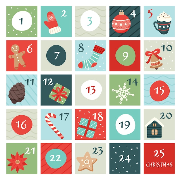 Vecteur calendrier de l'avent avec des éléments de noël.