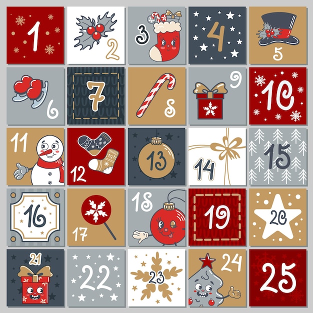 Vecteur calendrier de l'avent mignon 25 fenêtres avec des chiffres homme de neige cadeau de noël tasse de chocolat chaud bonbons cadeaux canne à sucre mignons vieux personnages de dessins animés rétro tricoté pull laid chute de neige