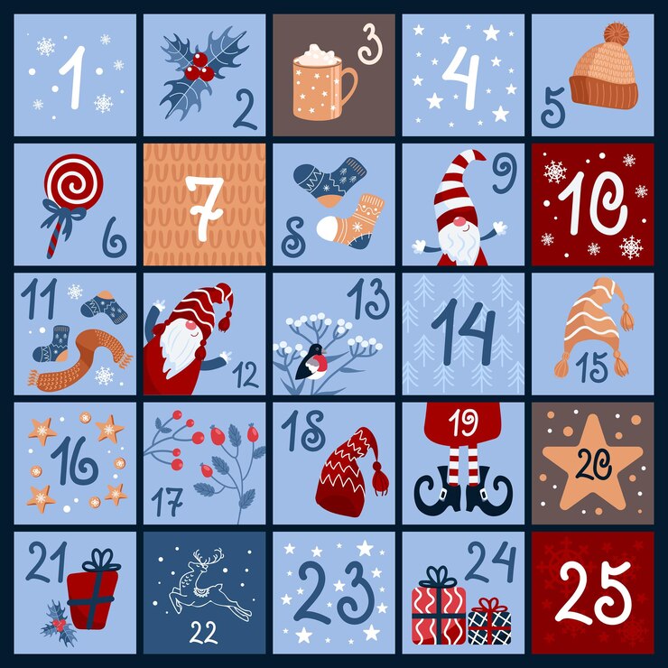 Vecteur calendrier de l'avent mignon vêtements d'hiver chauds bonbons cadeaux gnomes de noël bouvreuil chocolat chaud