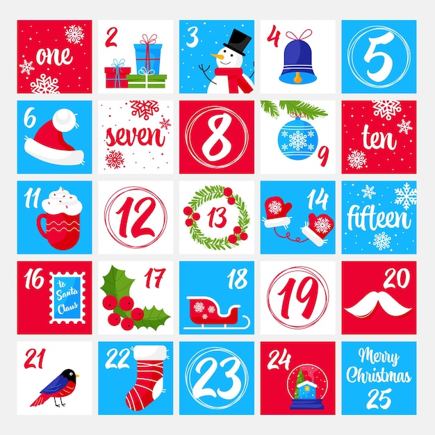 Vecteur calendrier de l'avent de noël avec des chiffres pour compter les jours de décembre jusqu'à la célébration.