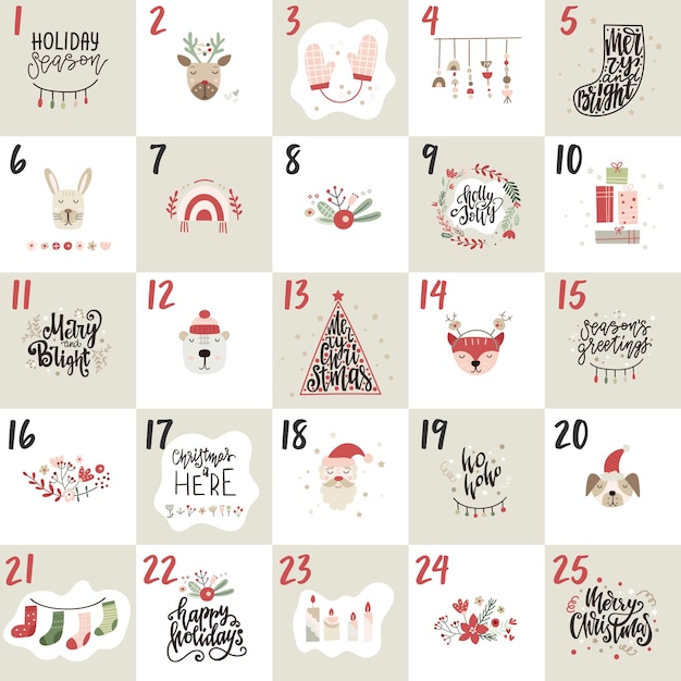 Calendrier De L'avent De Noël Avec Des Citations De Lettrage Et Des éléments De Décor Illustration Vectorielle