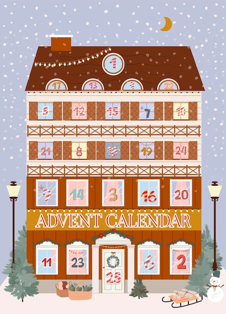 Calendrier de l'Avent de Noël du 1er au 25 décembre avec une jolie maison scandinave. Jolie affiche de la saison des fêtes