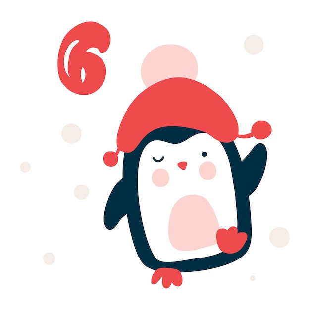 Calendrier de l'Avent de Noël avec élément dessiné à la main pingouin Jour six 6 Affiche de style scandinave Illustration d'hiver mignonne pour affiche de carte décoration de chambre d'enfant art de crèche