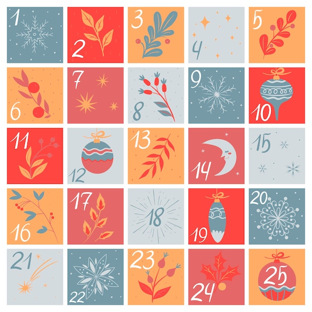 Calendrier De L'avent De Noël Avec Des éléments Dessinés à La Main. Graphiques Vectoriels.