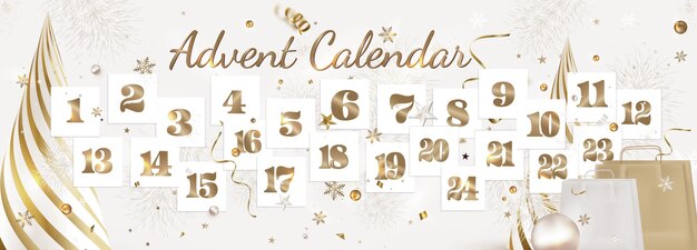 Vecteur calendrier de l'avent de noël feuilles de papier avec le numéro du jour de décembre confetti