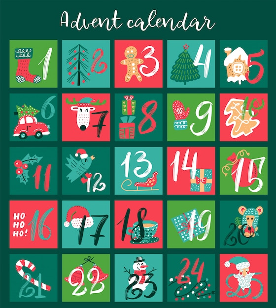 Calendrier De L'avent De Noël Avec Des Illustrations Dessinées à La Main Pour Les Jours De Décembre.