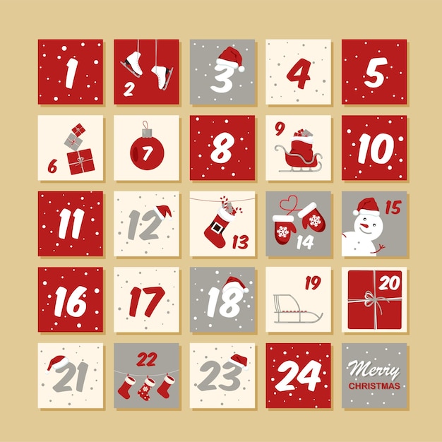 Calendrier De L'avent De Noël De Vecteur. Affiche De Vacances Du Nouvel An D'hiver Avec Dates. Numéro De Calendriers.