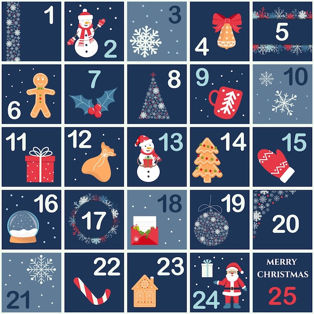 Vecteur calendrier de l'avent avec le symbole de noël vector compte à rebours jusqu'à noël avec des chiffres