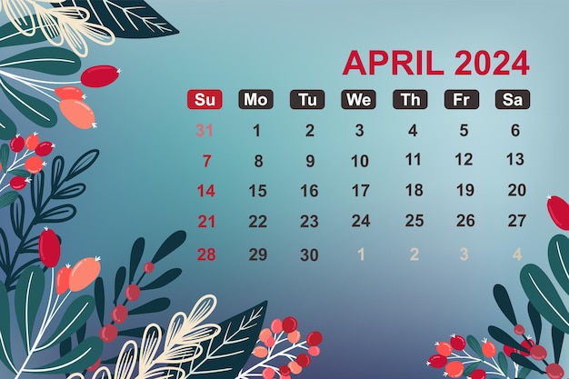 Vecteur calendrier d'avril 2024 avec fond floral