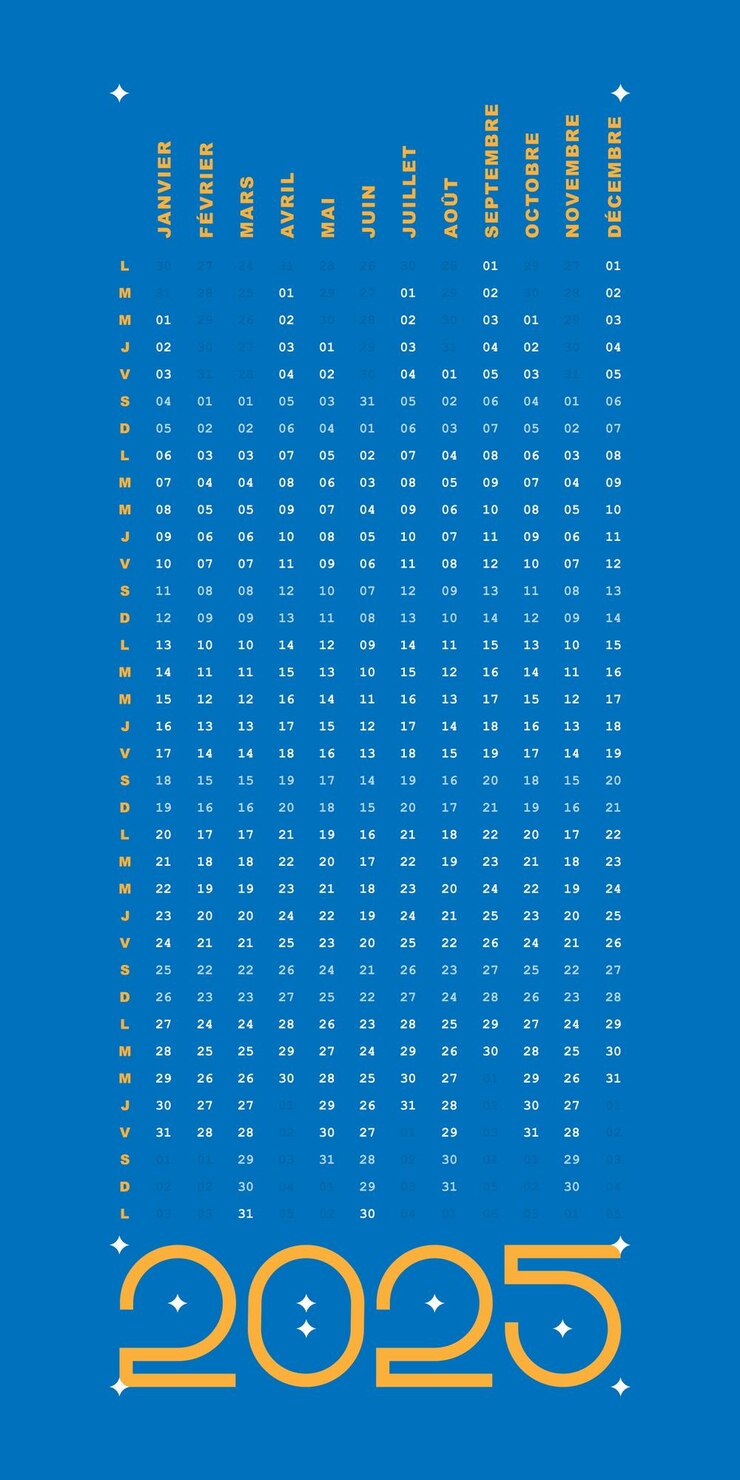 Vecteur calendrier bleu 2025 dates francaises design vertical simple modifiable couleur