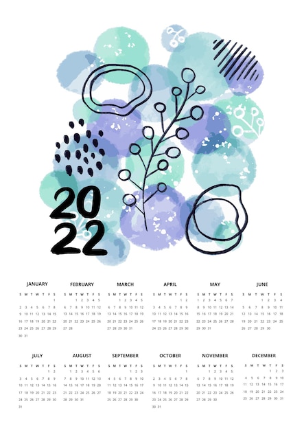 Calendrier Bleu D'une Page 2022. Illustration Vectorielle De Croquis Dessinés à La Main Moderne.