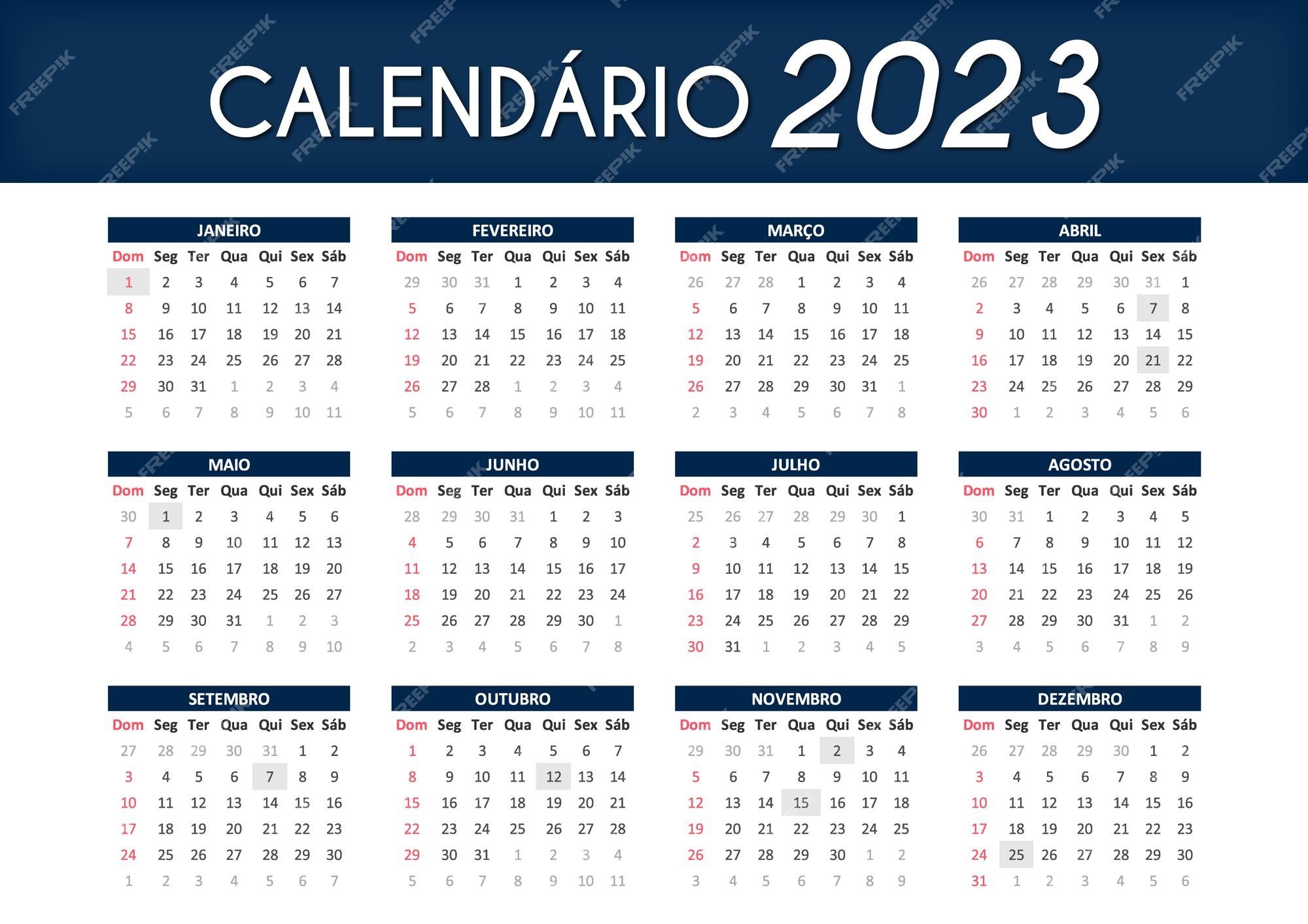 Calendrier Brésilien En Portugais 2023 Bleu | Vecteur Premium
