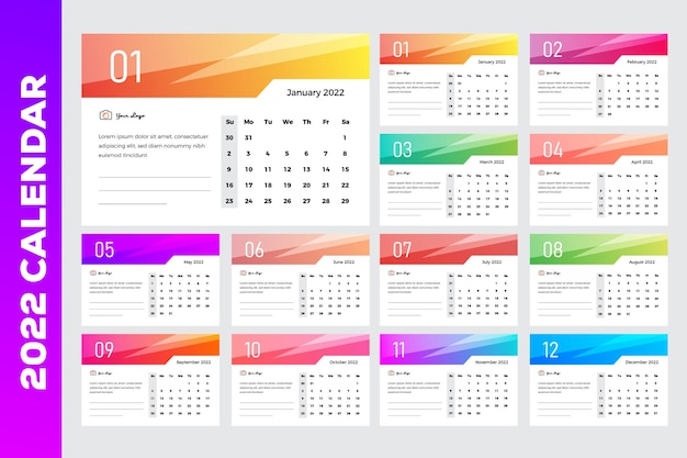 Vecteur calendrier de bureau 2022 effet brillant en verre dégradé coloré