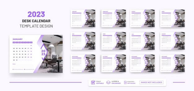 Calendrier de bureau 2023 ou calendrier mensuel et hebdomadaire Modèle de conception du calendrier du nouvel an 2023.