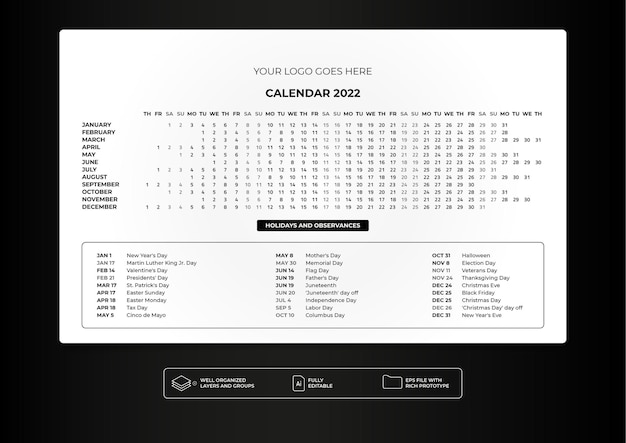 Vecteur calendrier de bureau horizontal 2022 noir en blanc