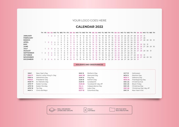 Vecteur calendrier de bureau horizontal 2022 white amp piggy pink