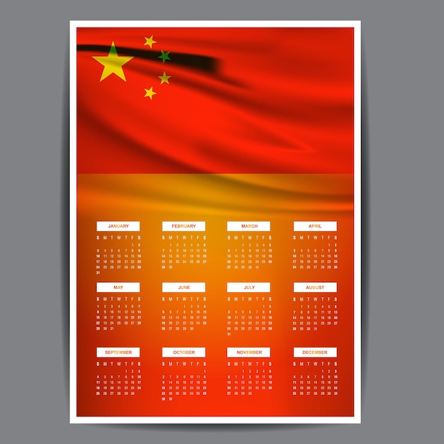 Vecteur calendrier chinois avec un drapeau chinois de tout le mois et tous les 12 mois avec un fond de gradient de couleur rouge