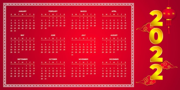 Vecteur calendrier chinois du nouvel an 2022 dans un style moderne