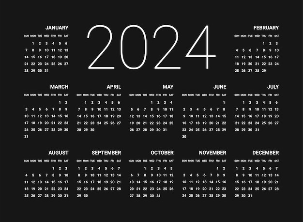 Un Calendrier Classique Simple Pour 2024 Avec Des Lettres Blanches Sur Un Fond Noir