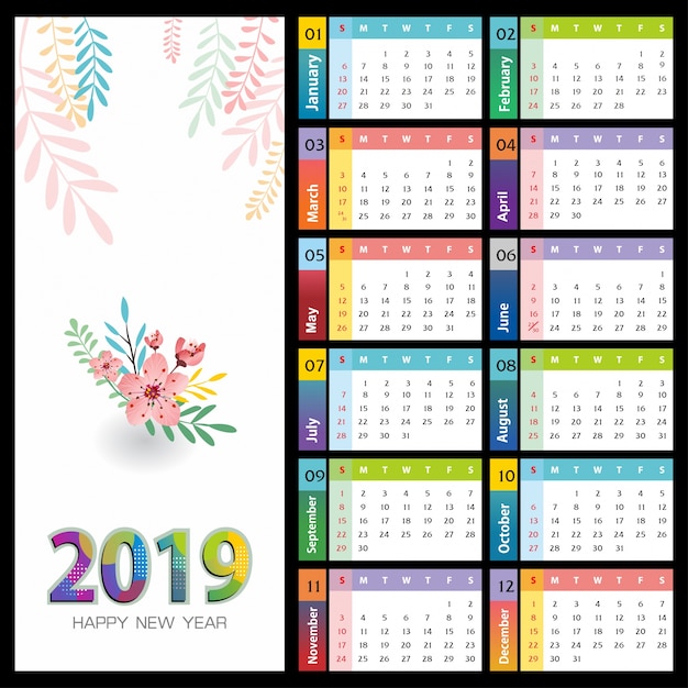 Vecteur calendrier coloré 2019