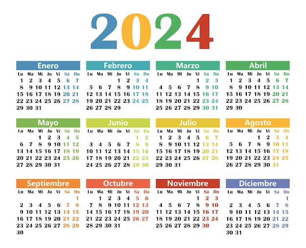 Calendrier Coloré En Espagnol Pour 2024 La Semaine Commence Le Lundi