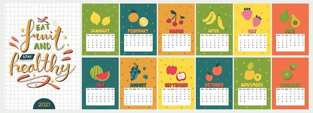 Calendrier Coloré Mignon. Planificateur De Repas Annuels Avec Illustration De Fruits De Style Scandinave Drôle Tous Les Mois