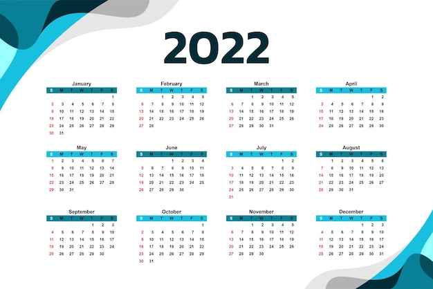 Vecteur calendrier de conception de vecteur de modèle de nouvel an 2022 avec géométrique abstrait de couleur bleu cool