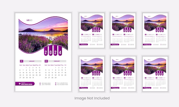 Vecteur calendrier corporatif mural de conception variation de couleur violette avec 6 pages calendrier floral moderne 2024