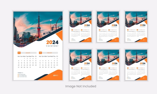 Vecteur calendrier corporatif mural design variation de couleur orange avec 6 pages calendrier floral moderne 2024